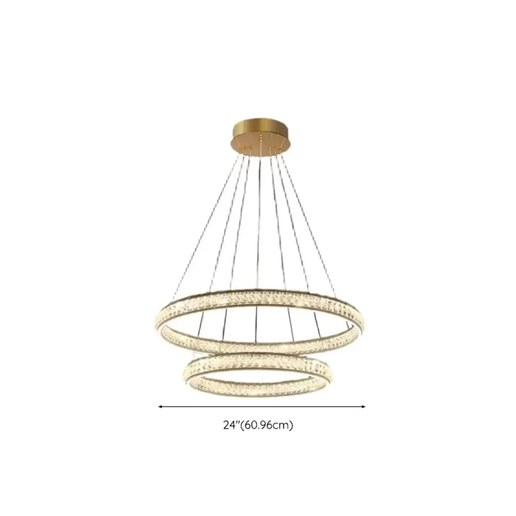 Lustre de luxe à anneaux dorés étagés en cristal et LED