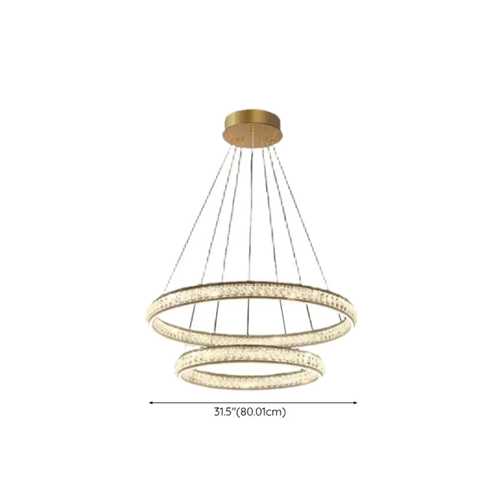 Lustre de luxe à anneaux dorés étagés en cristal et LED