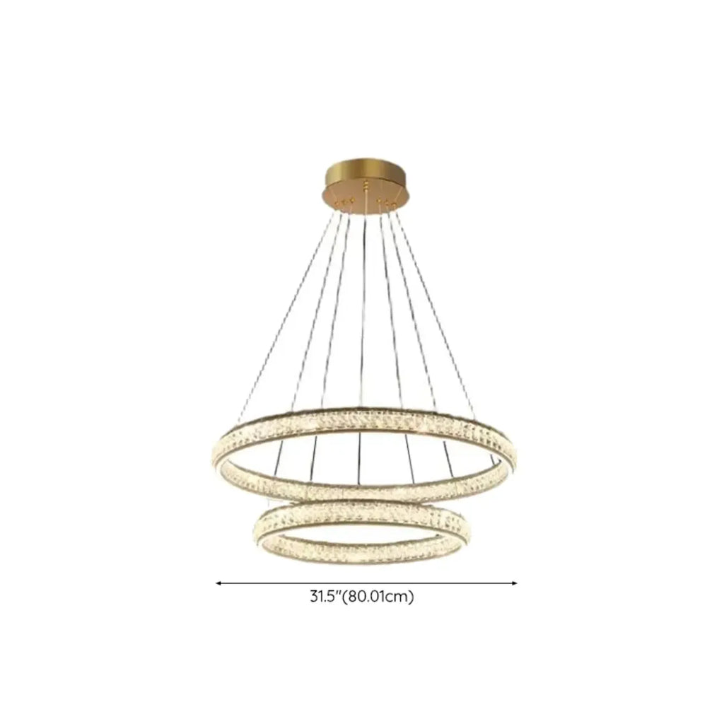 Lustre de luxe à anneaux dorés étagés en cristal et LED