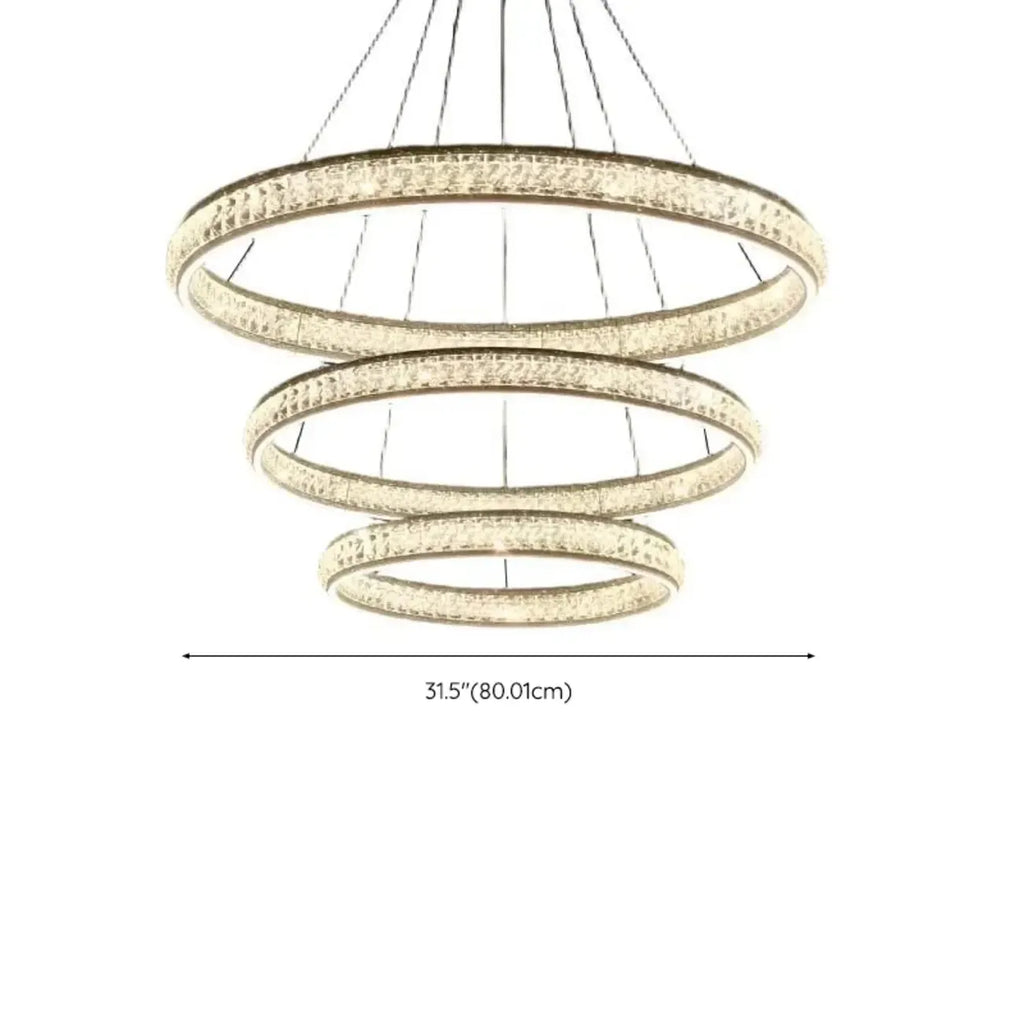 Lustre de luxe à anneaux dorés étagés en cristal et LED