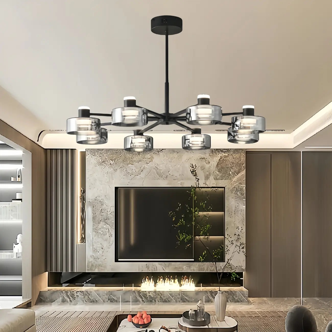 Lustre moderne rond en verre noir avec LED