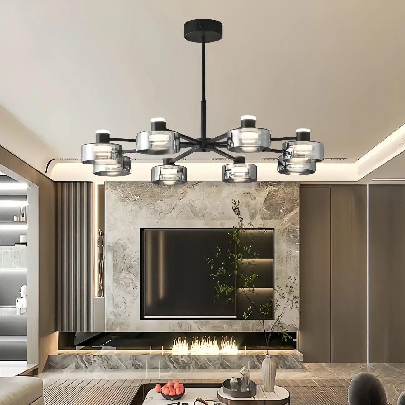 Lustre moderne rond en verre noir avec LED