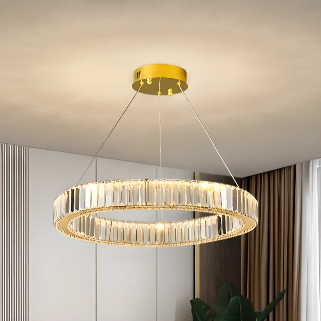 Lustre moderne glamour à double anneau de verre et LED