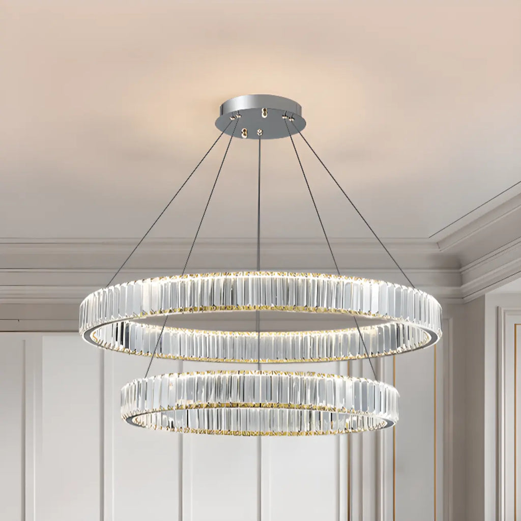 Lustre moderne glamour à double anneau de verre et LED
