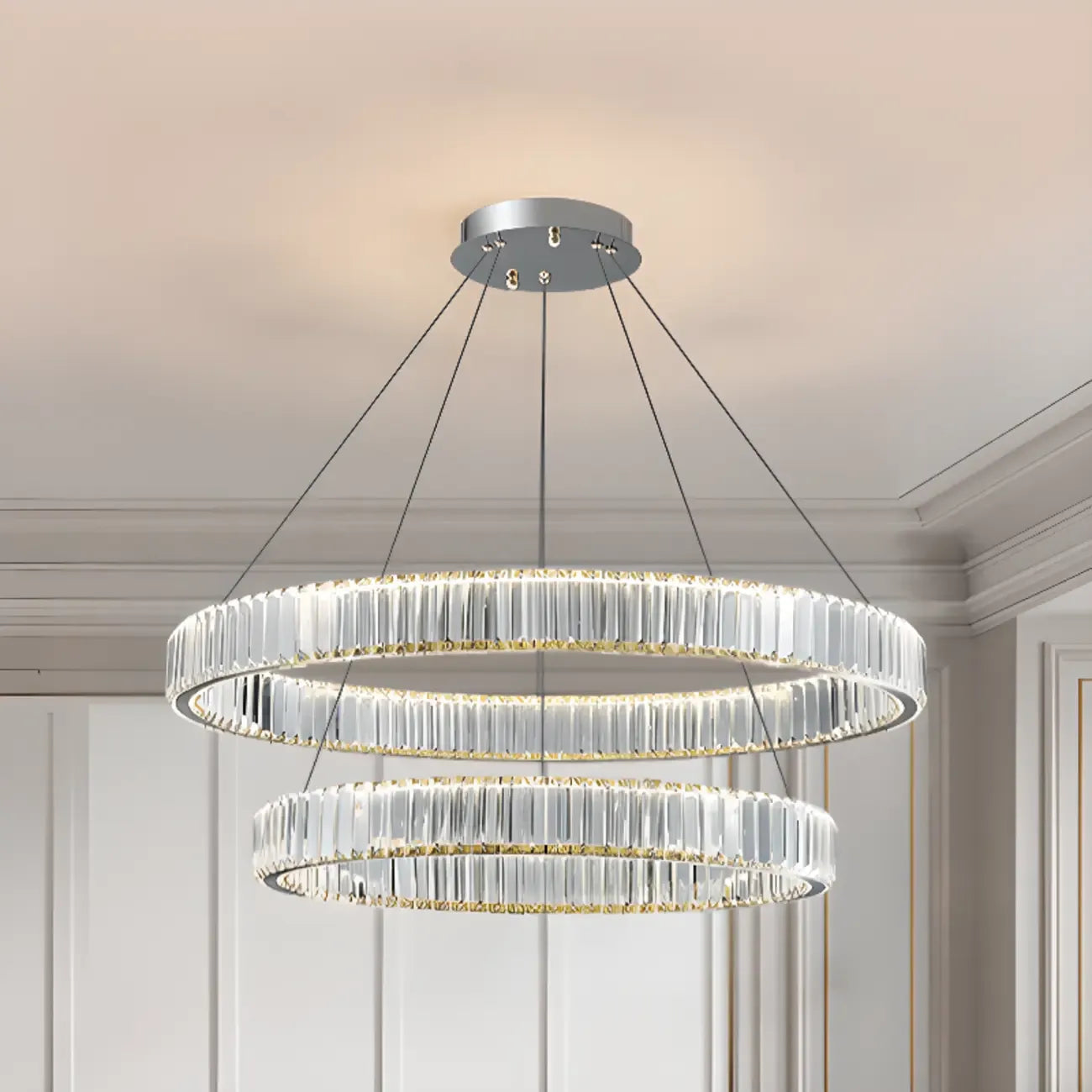 Lustre moderne glamour à double anneau de verre et LED
