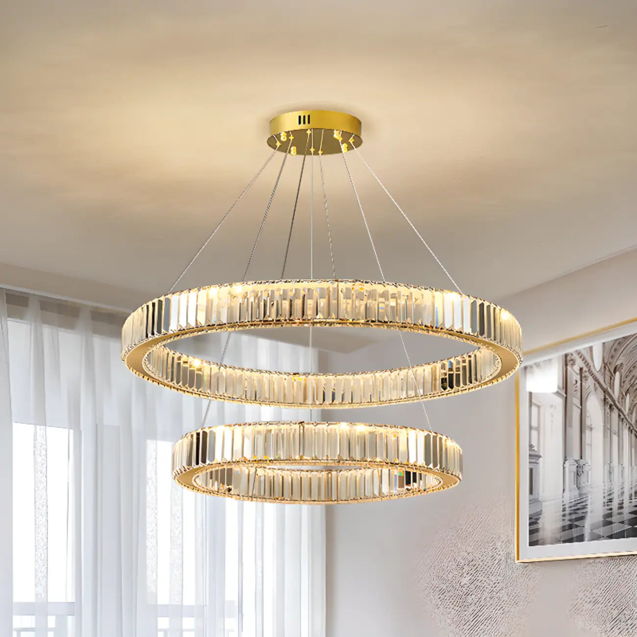 Lustre moderne glamour à double anneau de verre et LED