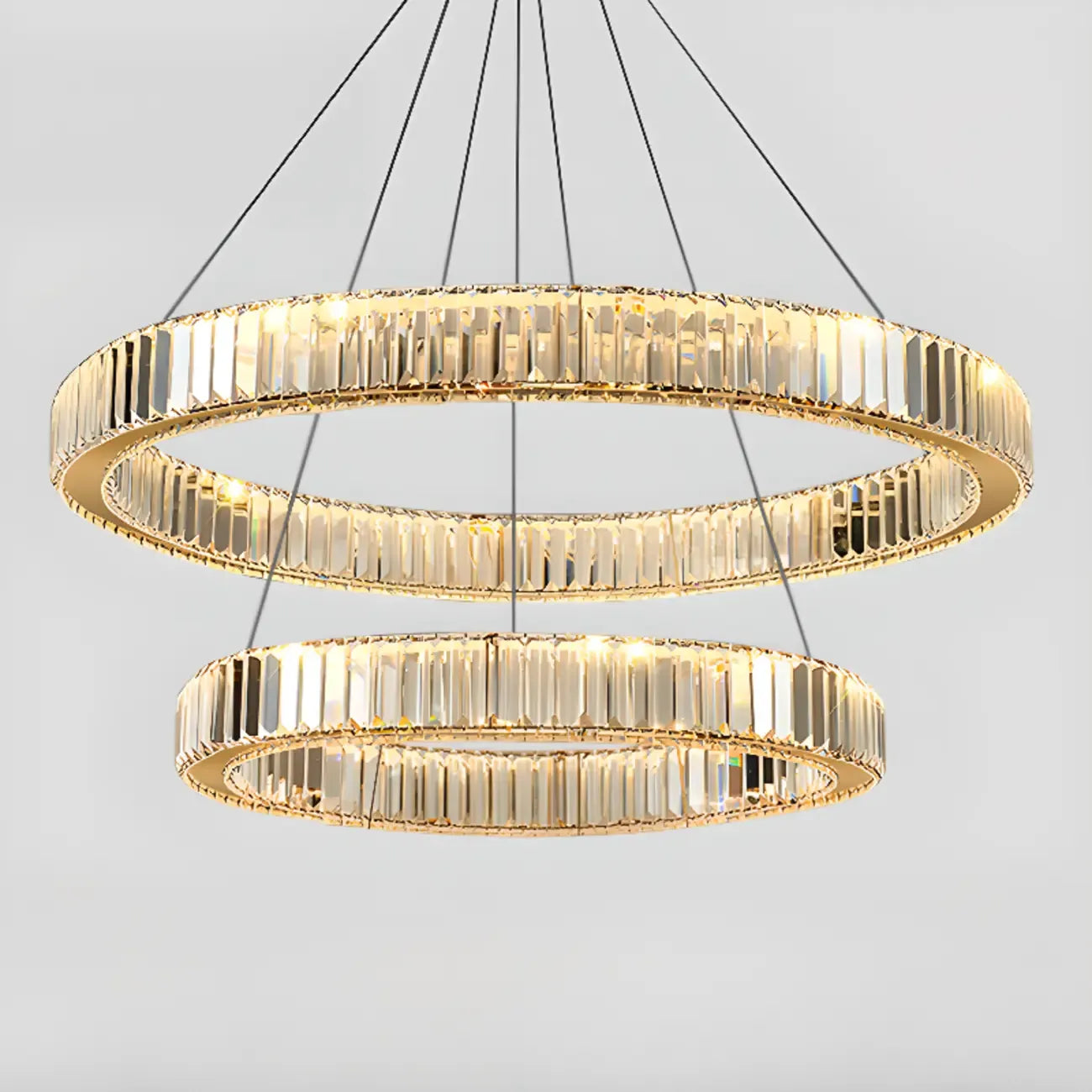 Lustre moderne glamour à double anneau de verre et LED