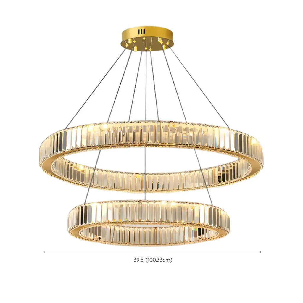 Lustre moderne glamour à double anneau de verre et LED