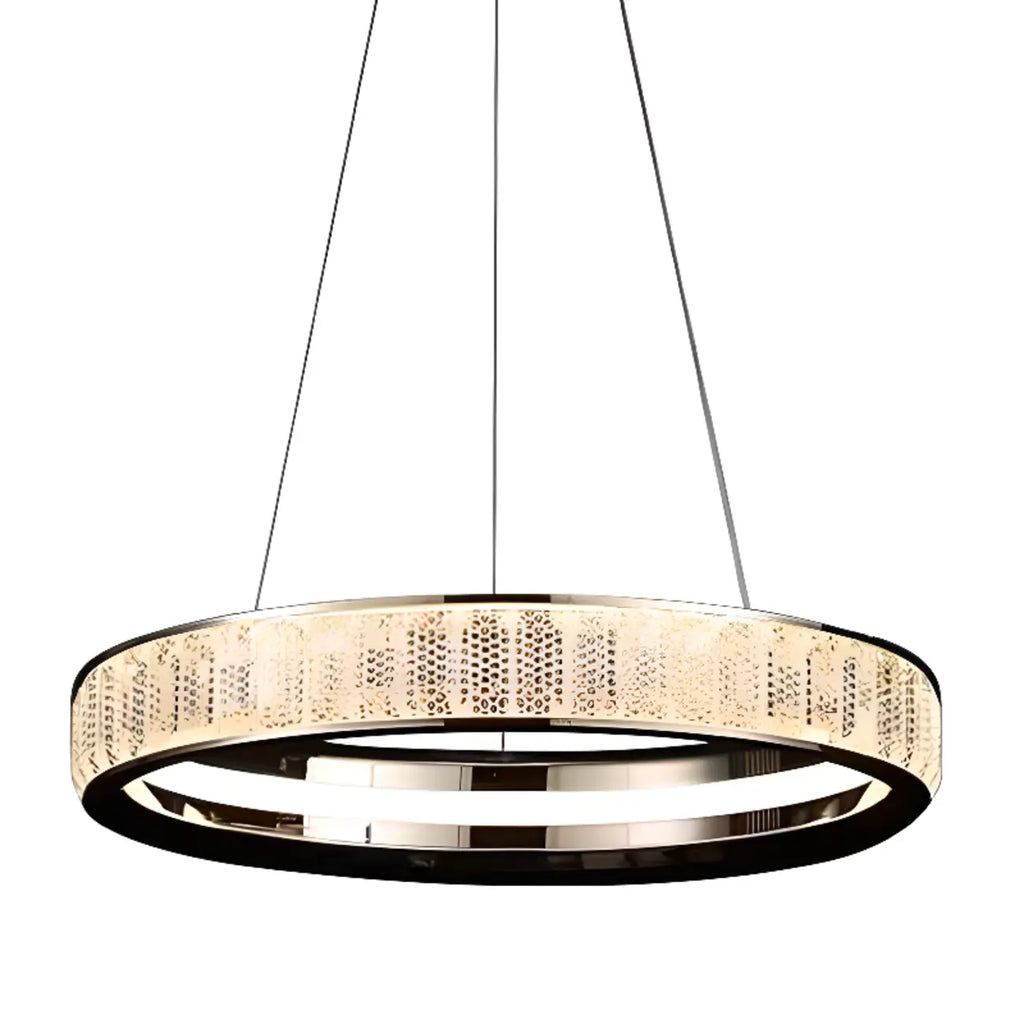 Lustre élégant à LED en cristal et anneaux dorés de luxe