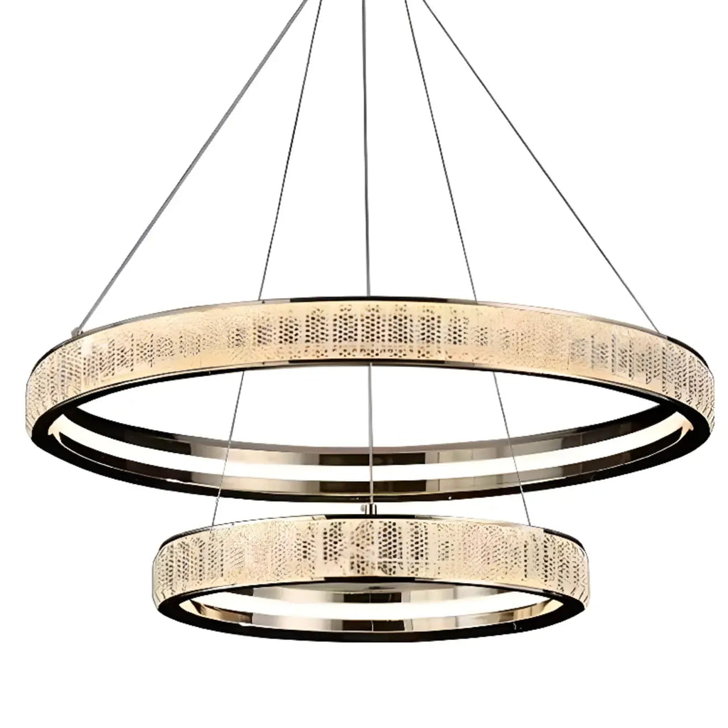 Lustre élégant à LED en cristal et anneaux dorés de luxe