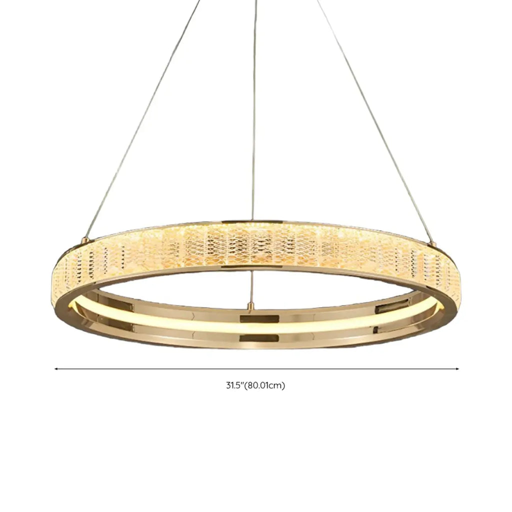 Lustre élégant à LED en cristal et anneaux dorés de luxe