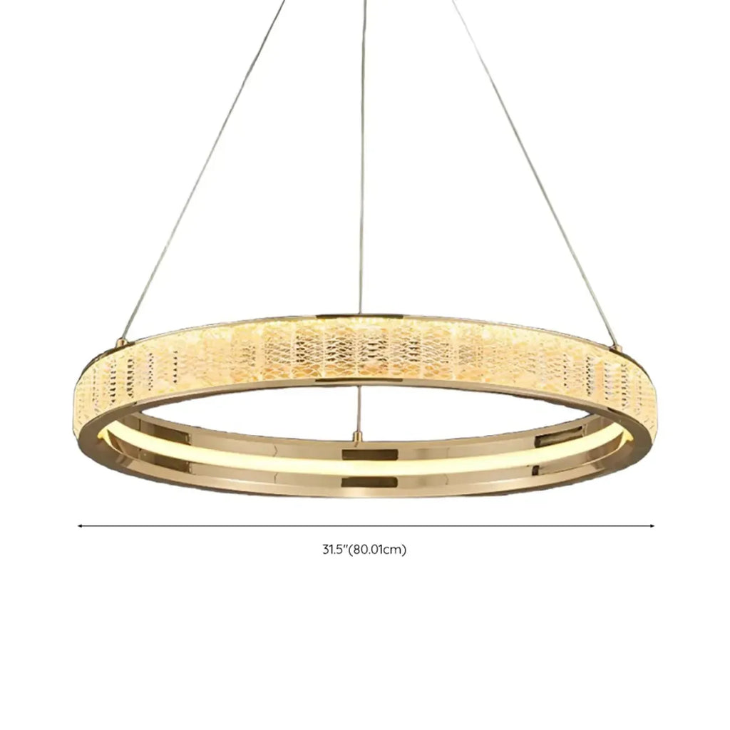 Lustre élégant à LED en cristal et anneaux dorés de luxe
