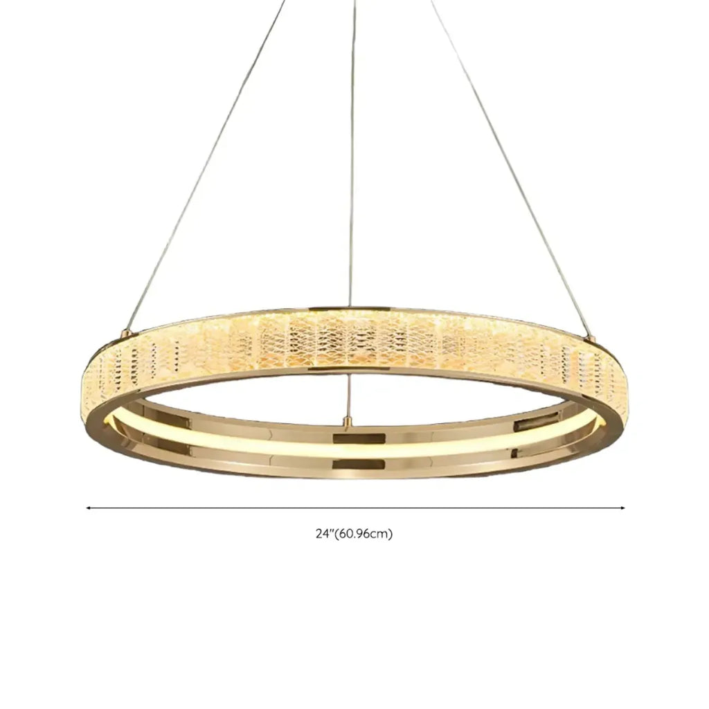 Lustre élégant à LED en cristal et anneaux dorés de luxe