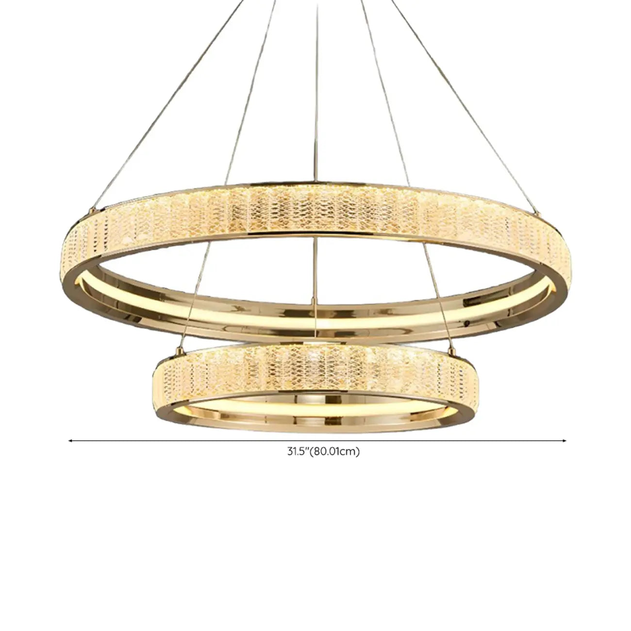 Lustre élégant à LED en cristal et anneaux dorés de luxe