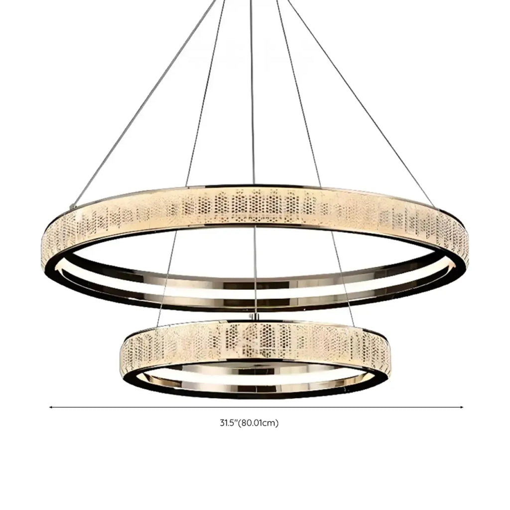 Lustre élégant à LED en cristal et anneaux dorés de luxe
