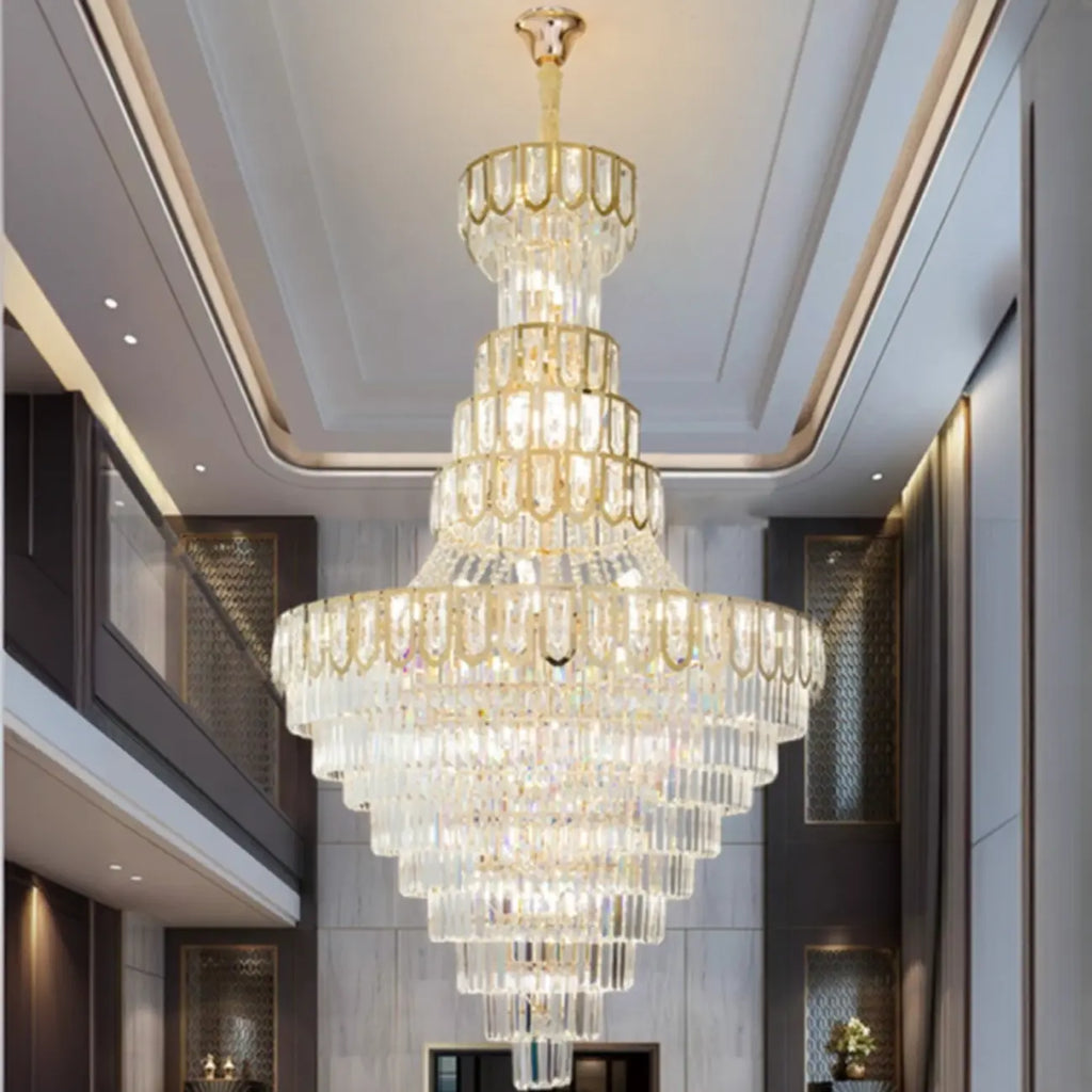 Lustre de plafond haut de gamme à plusieurs niveaux en cristal doré réglable