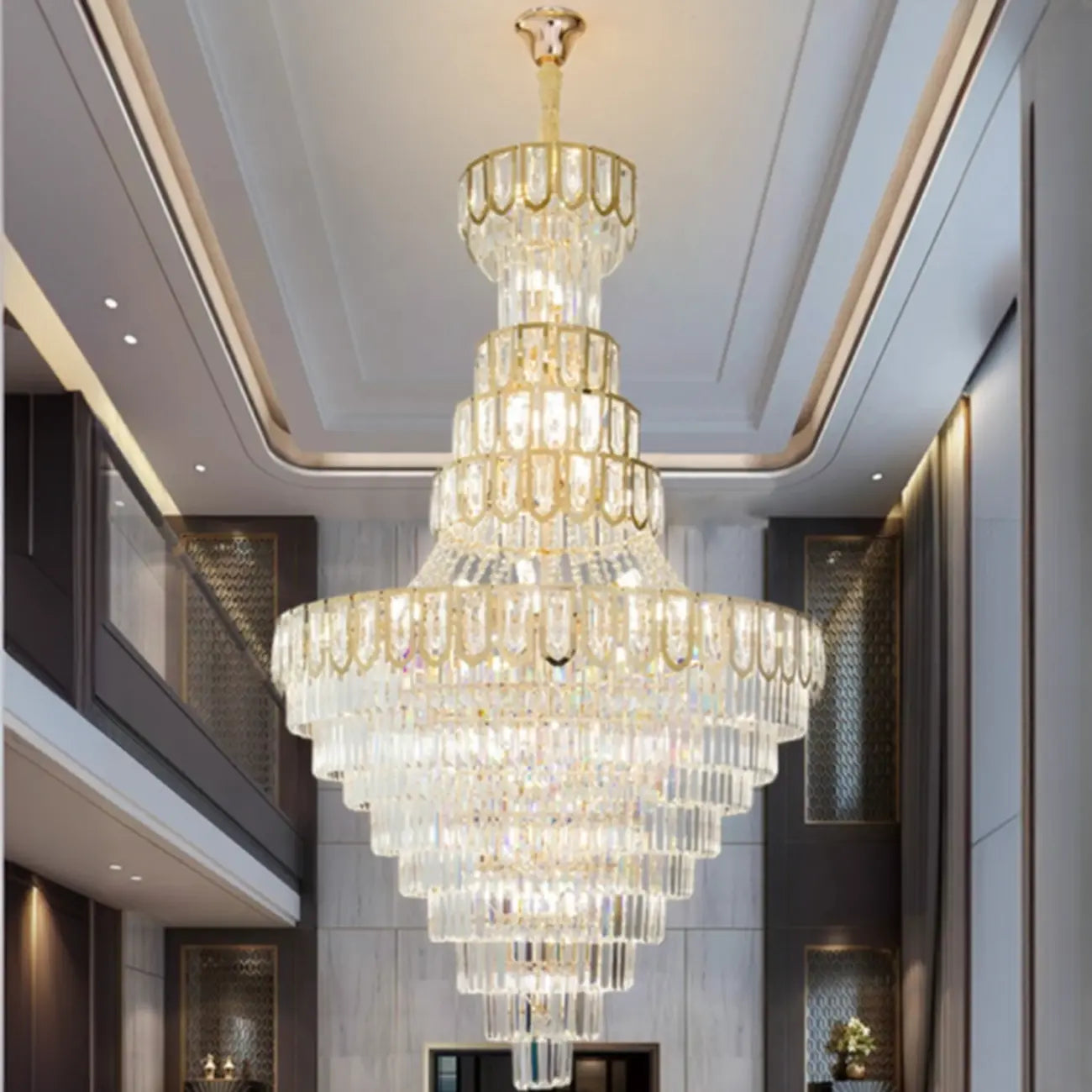 Lustre de plafond haut de gamme à plusieurs niveaux en cristal doré réglable