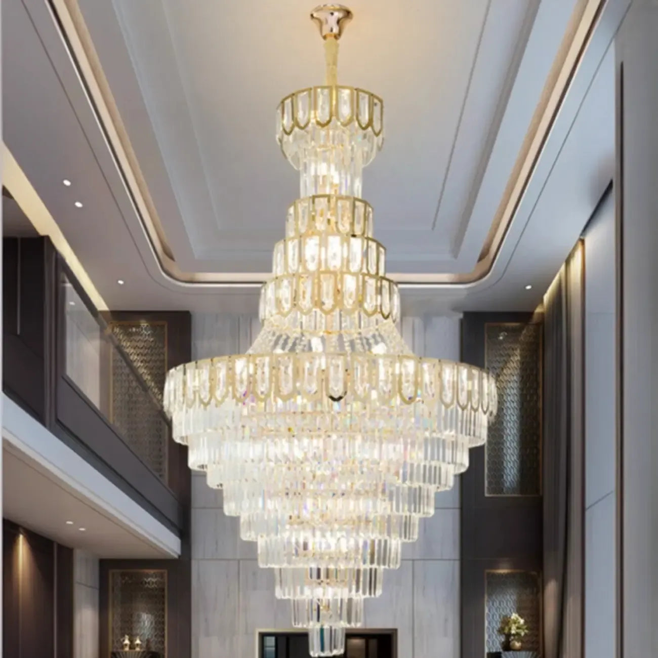 Lustre de plafond haut de gamme à plusieurs niveaux en cristal doré réglable