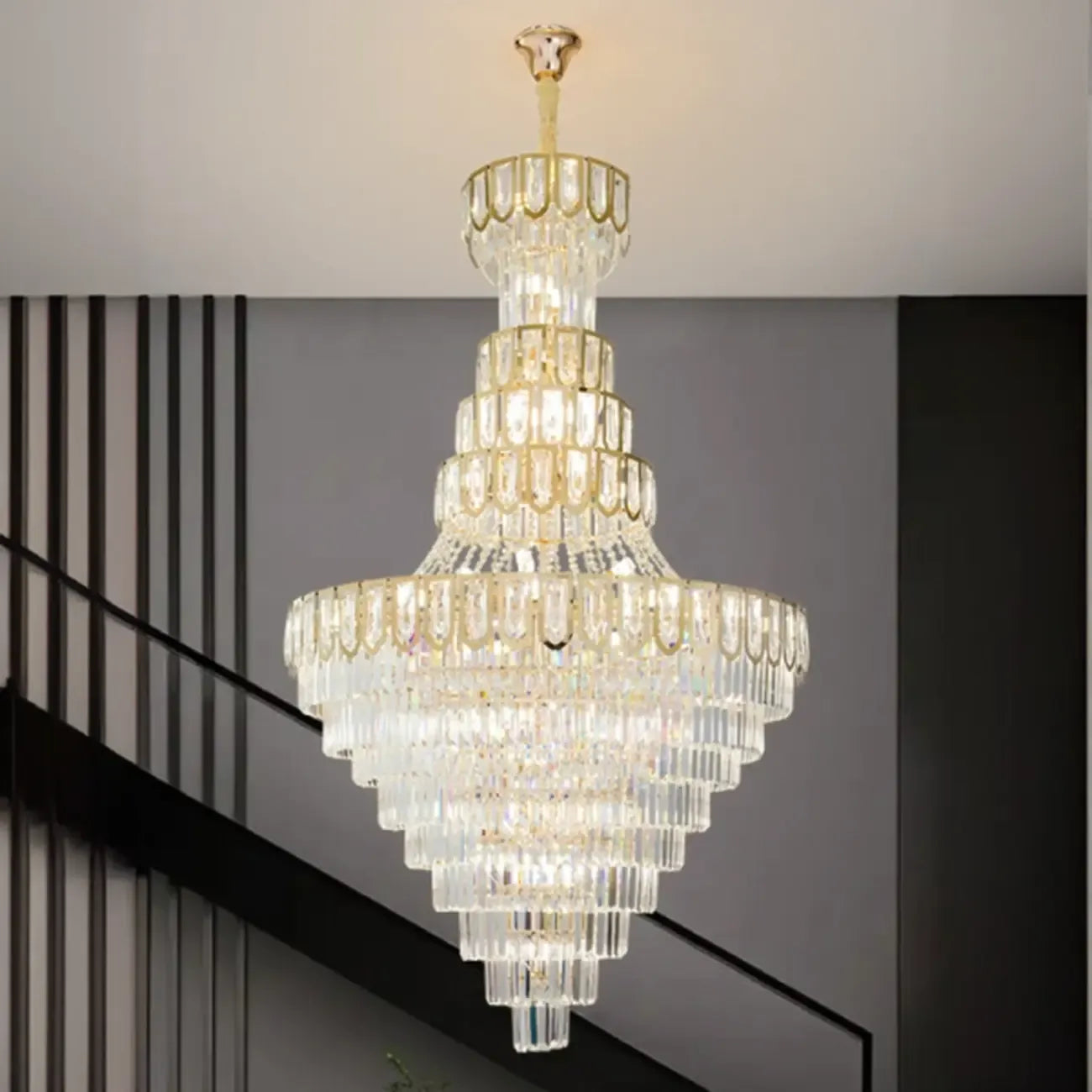 Lustre de plafond haut de gamme à plusieurs niveaux en cristal doré réglable