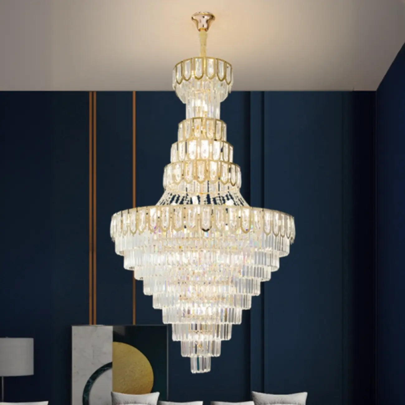 Lustre de plafond haut de gamme à plusieurs niveaux en cristal doré réglable