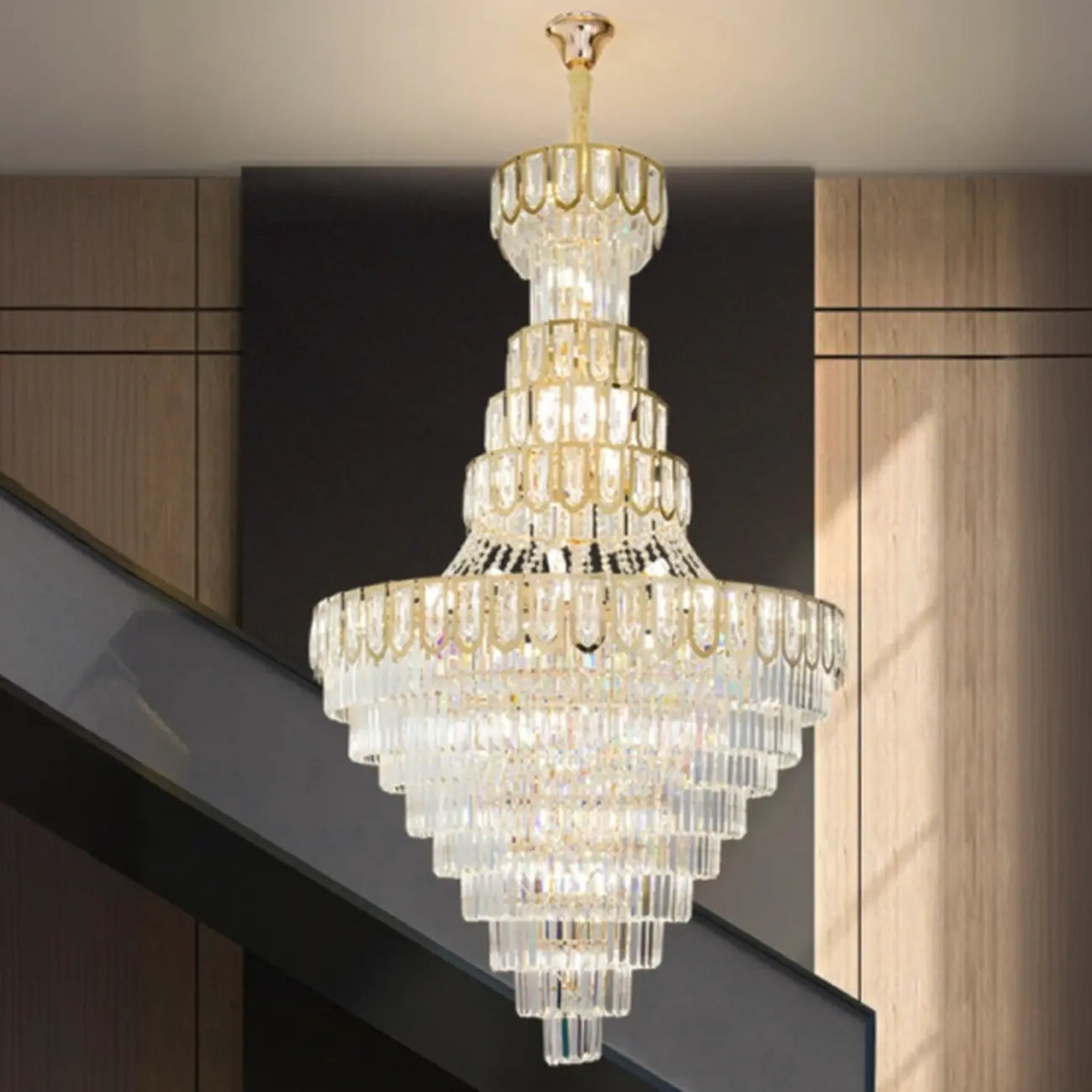 Lustre de plafond haut de gamme à plusieurs niveaux en cristal doré réglable