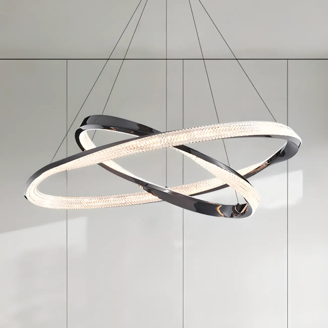 Lustre moderne à LED élégant en métal noir avec anneau circulaire