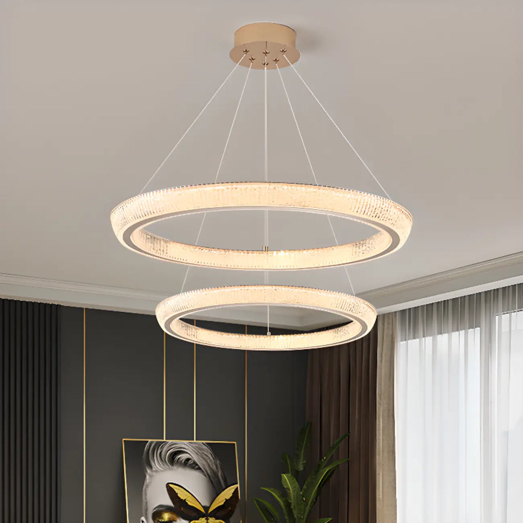 Lustre LED glamour en cristal doré à plusieurs cercles