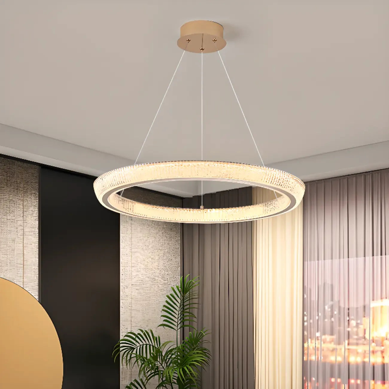 Lustre LED glamour en cristal doré à plusieurs cercles