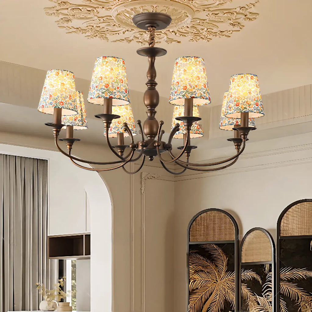 Lustre tonneau en tissu à motif floral bronze rustique