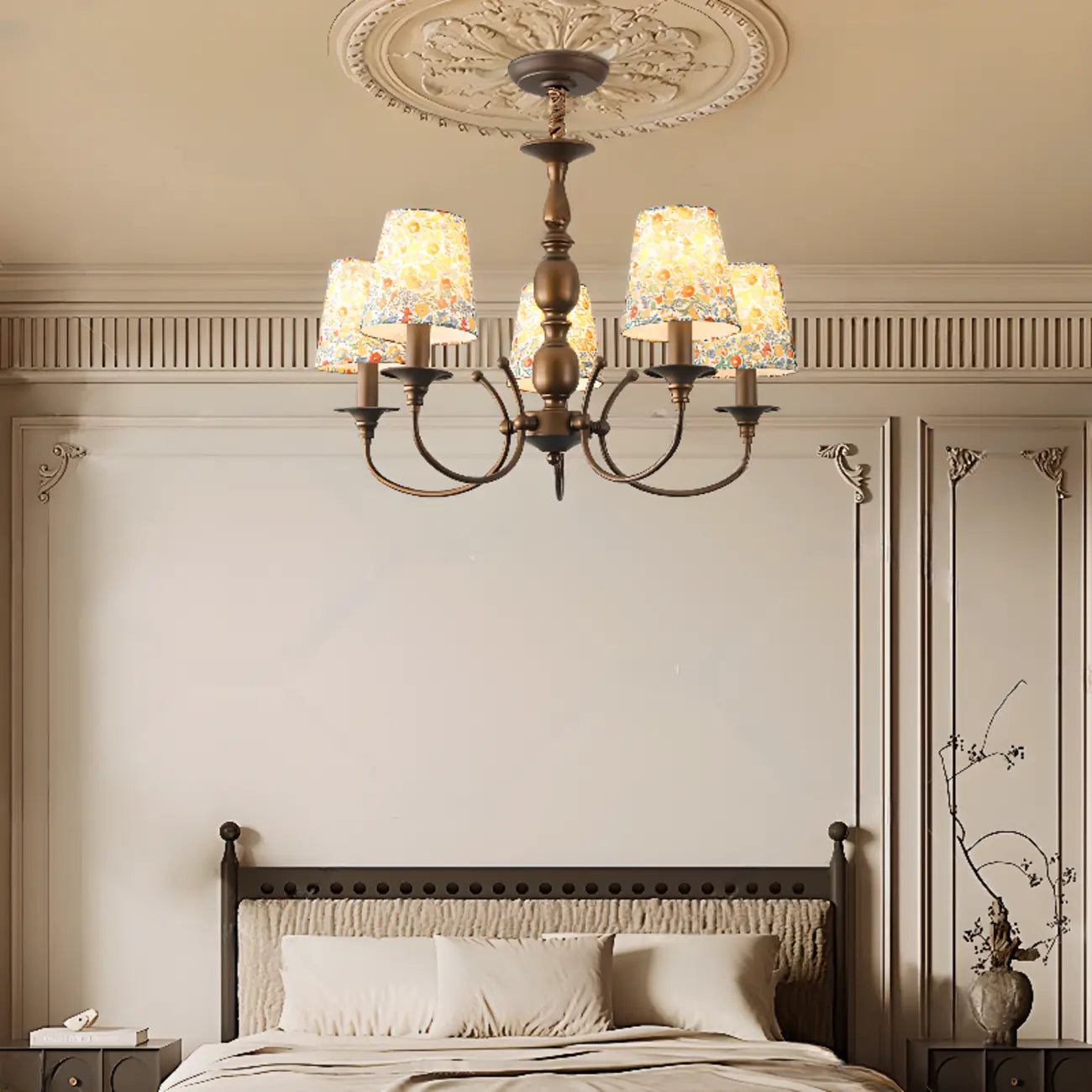 Lustre tonneau en tissu à motif floral bronze rustique