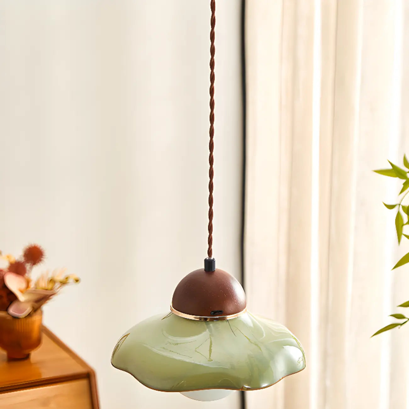Suspension décorative en noyer avec corde, hauteur réglable
