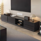 Meuble TV minimaliste en bois noir à 2 tiroirs et portes coulissantes