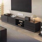 Meuble TV minimaliste en bois noir à 2 tiroirs et portes coulissantes