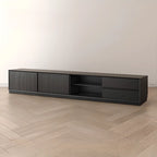 Meuble TV minimaliste en bois noir à 2 tiroirs et portes coulissantes