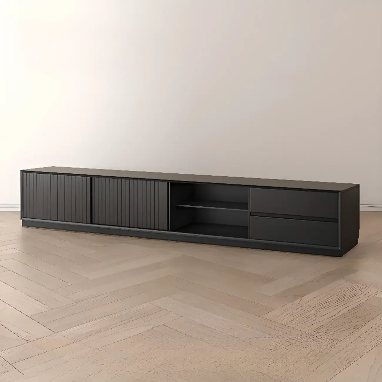Meuble TV minimaliste en bois noir à 2 tiroirs et portes coulissantes