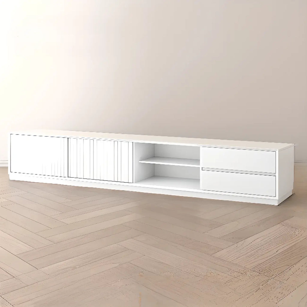 Meuble TV minimaliste en bois noir à 2 tiroirs et portes coulissantes