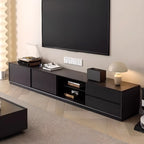 Meuble TV minimaliste en bois noir à 2 tiroirs et portes coulissantes
