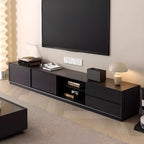 Meuble TV minimaliste en bois noir à 2 tiroirs et portes coulissantes
