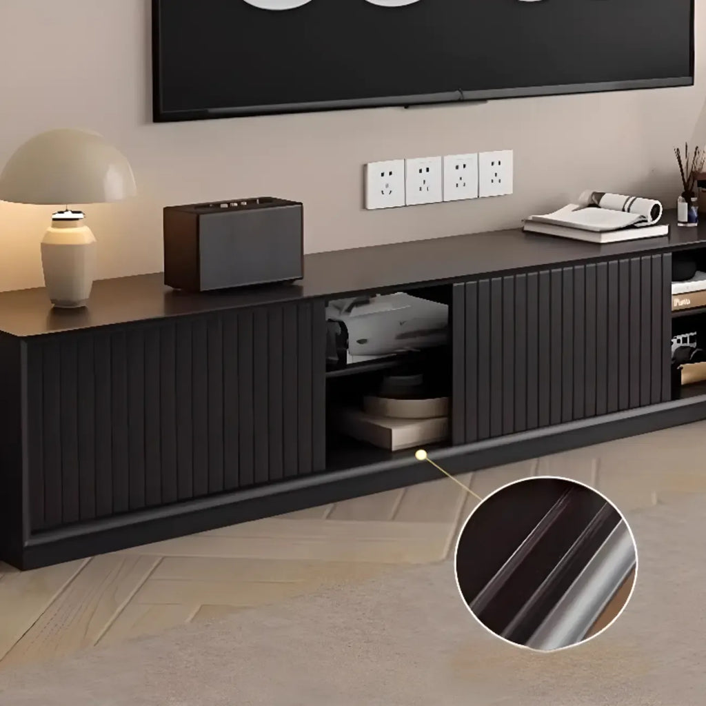 Meuble TV minimaliste en bois noir à 2 tiroirs et portes coulissantes