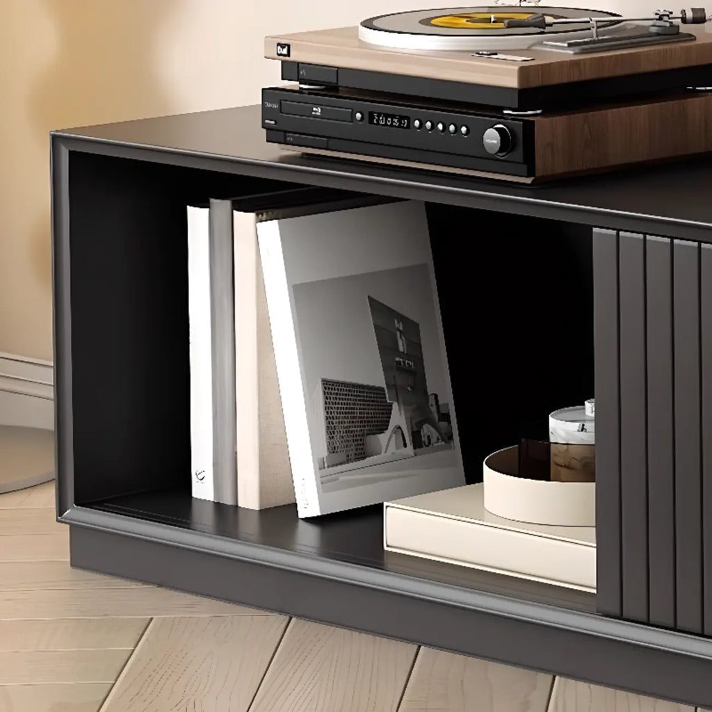 Meuble TV minimaliste en bois noir à 2 tiroirs et portes coulissantes