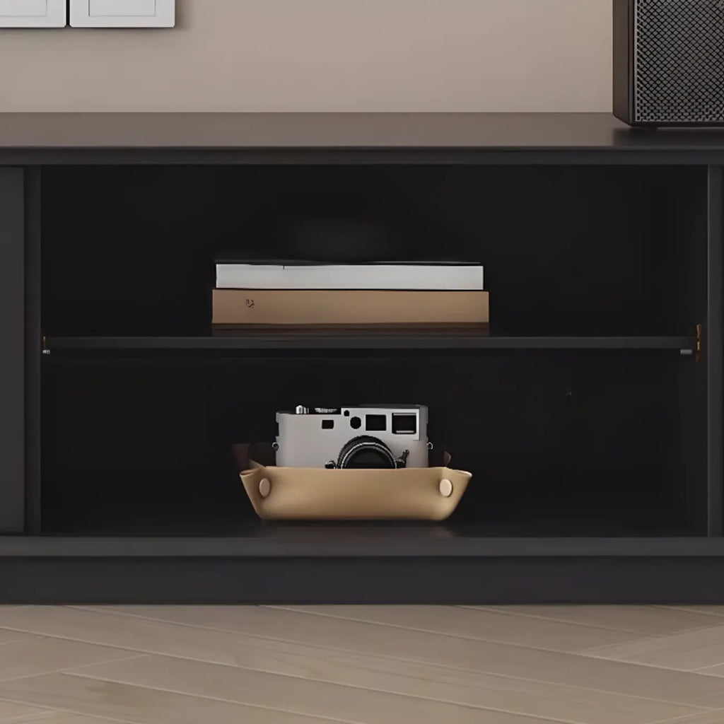 Meuble TV minimaliste en bois noir à 2 tiroirs et portes coulissantes