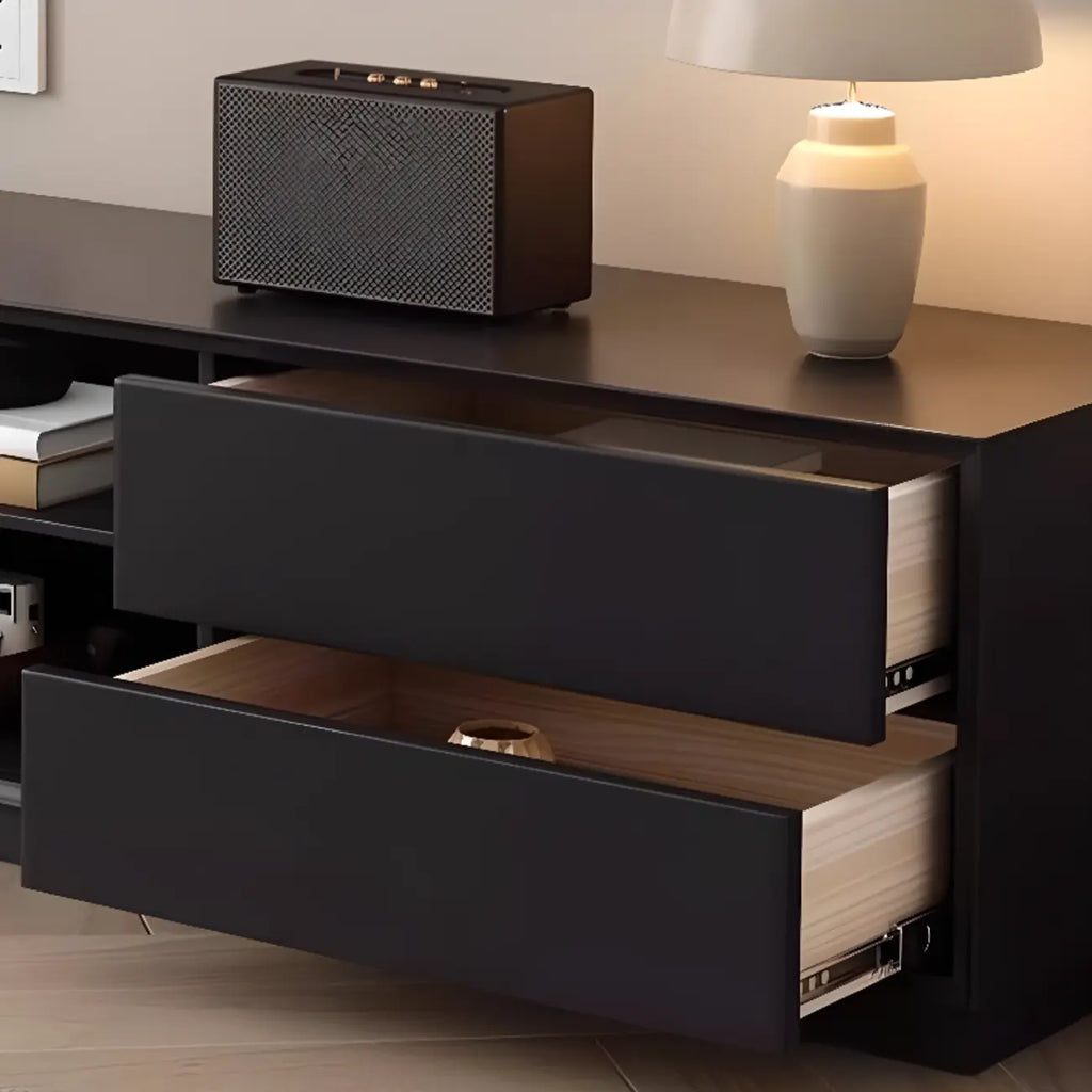 Meuble TV minimaliste en bois noir à 2 tiroirs et portes coulissantes