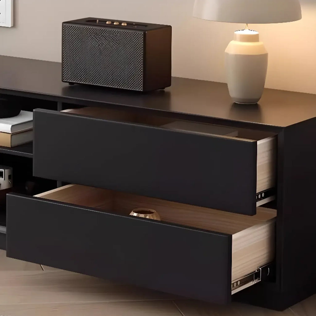 Meuble TV minimaliste en bois noir à 2 tiroirs et portes coulissantes