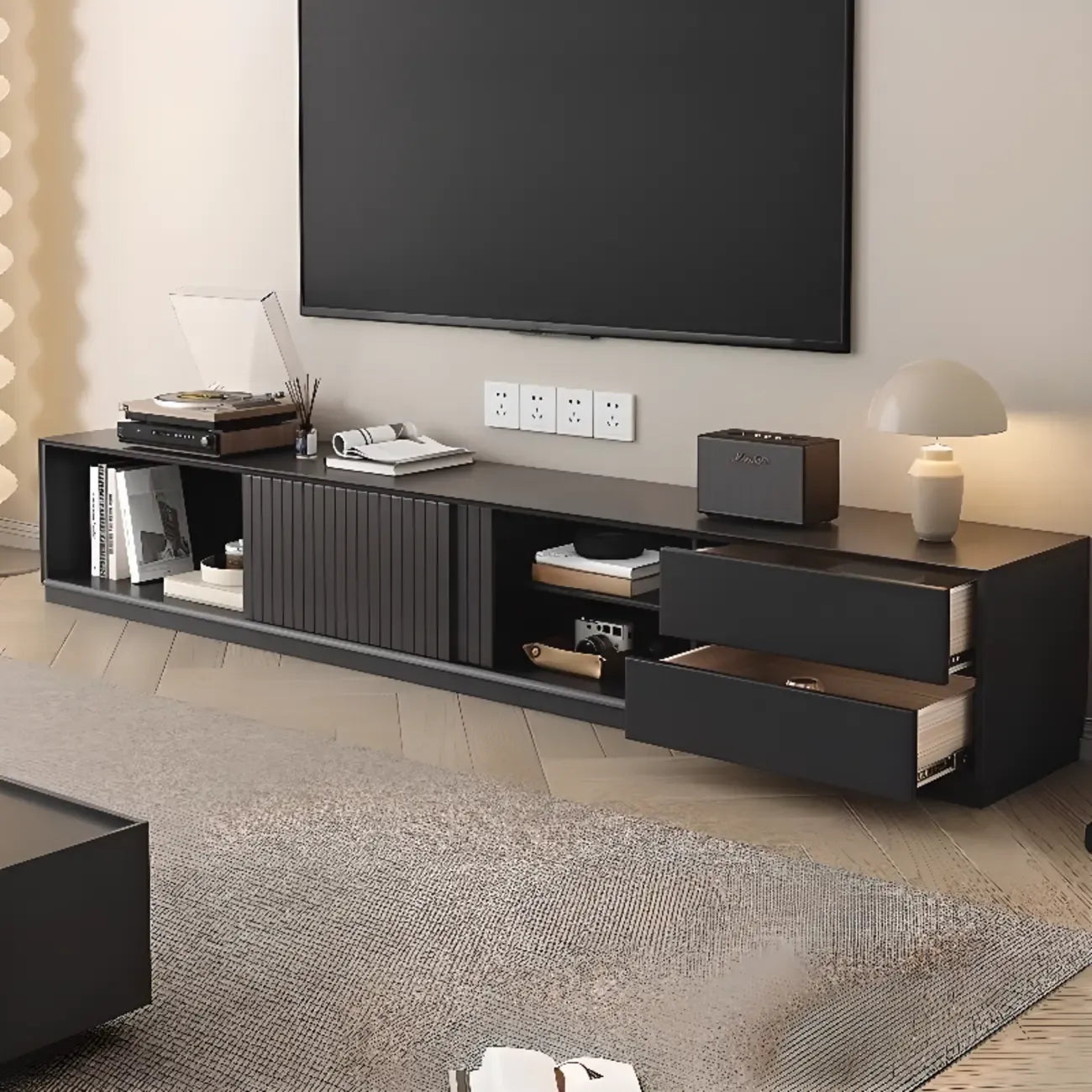 Meuble TV minimaliste en bois noir à 2 tiroirs et portes coulissantes