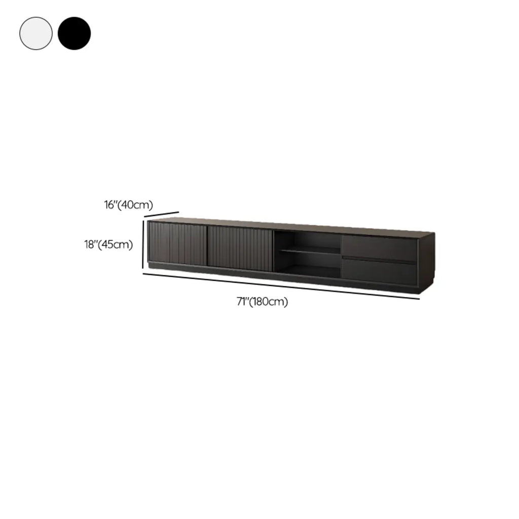 Meuble TV minimaliste en bois noir à 2 tiroirs et portes coulissantes