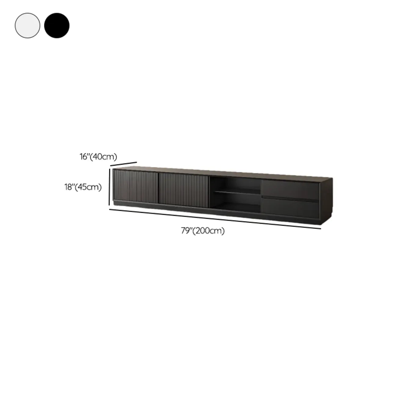 Meuble TV minimaliste en bois noir à 2 tiroirs et portes coulissantes