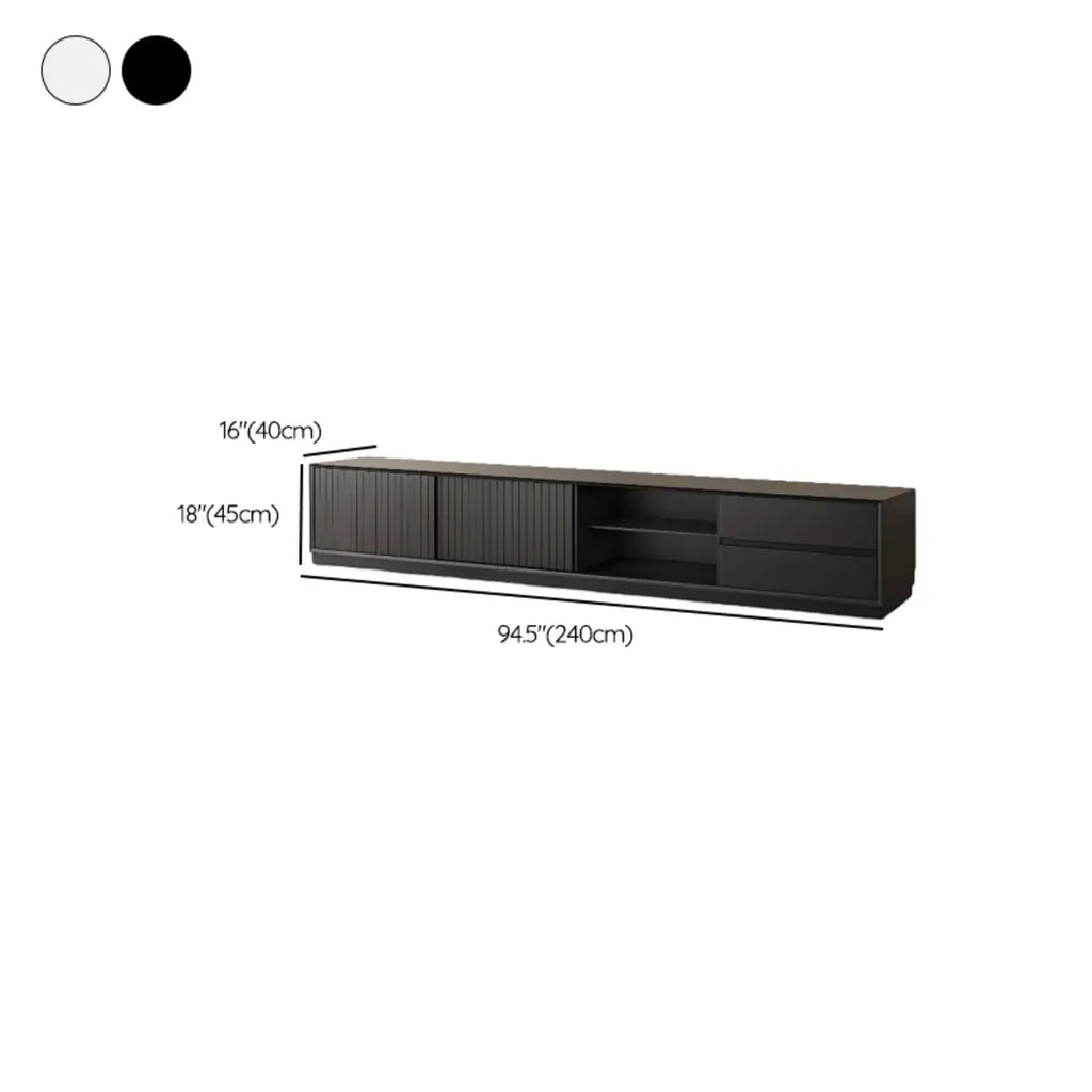 Meuble TV minimaliste en bois noir à 2 tiroirs et portes coulissantes