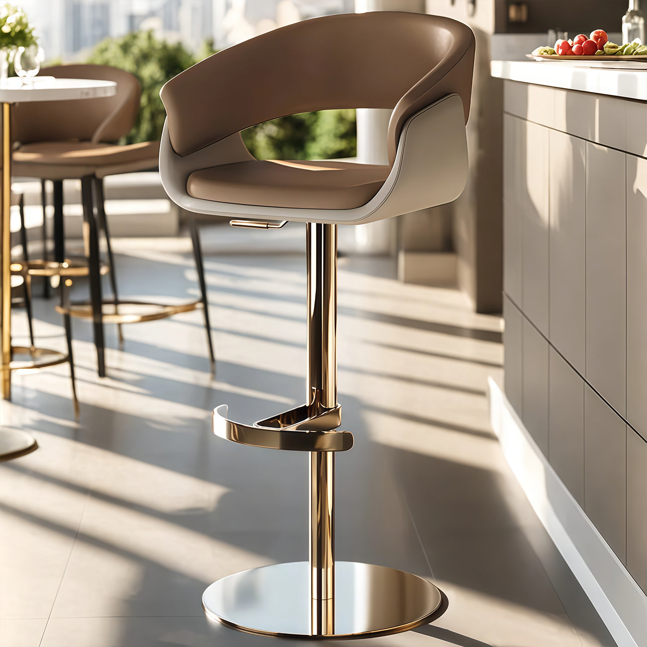 Tabourets de bar pivotants en cuir véritable marron avec dossier