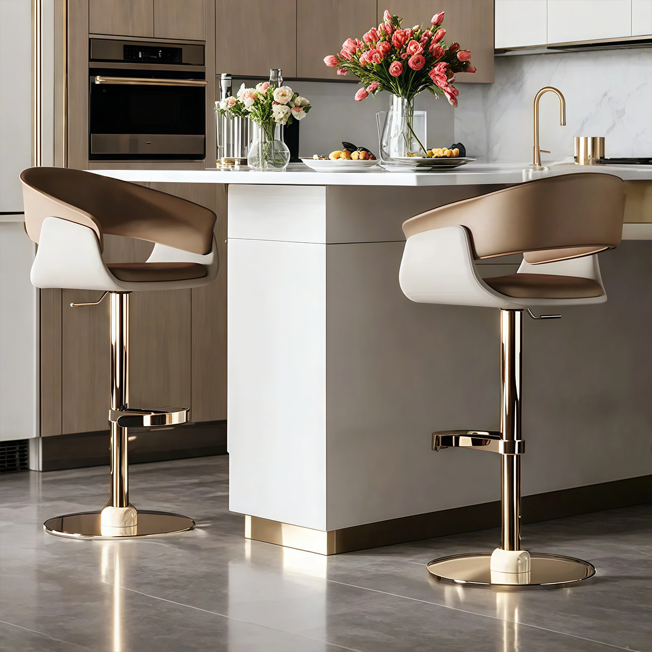 Tabourets de bar pivotants en cuir véritable marron avec dossier
