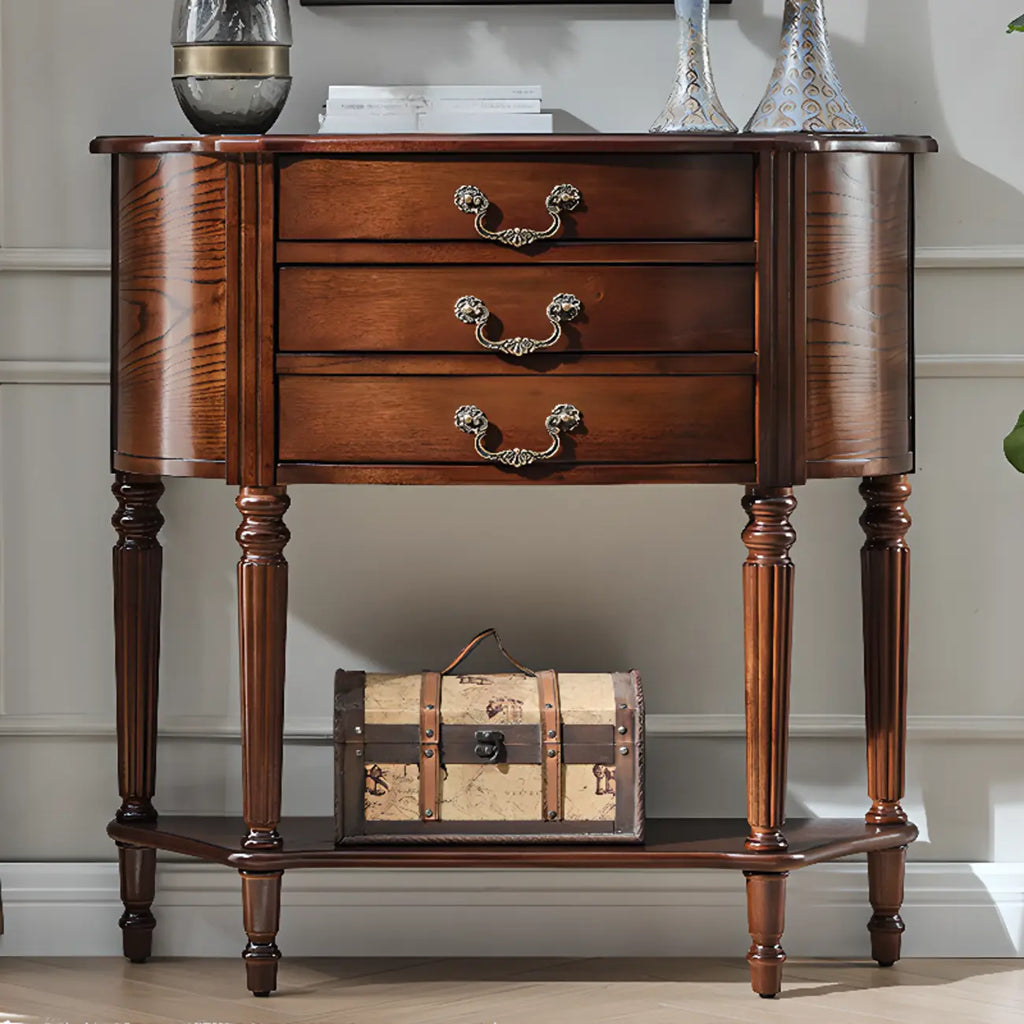 Console demi-ronde élégante en bois brun avec tiroirs